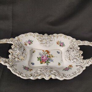 Vintage JLMenau Iridescent Floral Bowl – Handled German Porcelain Dish with Gold